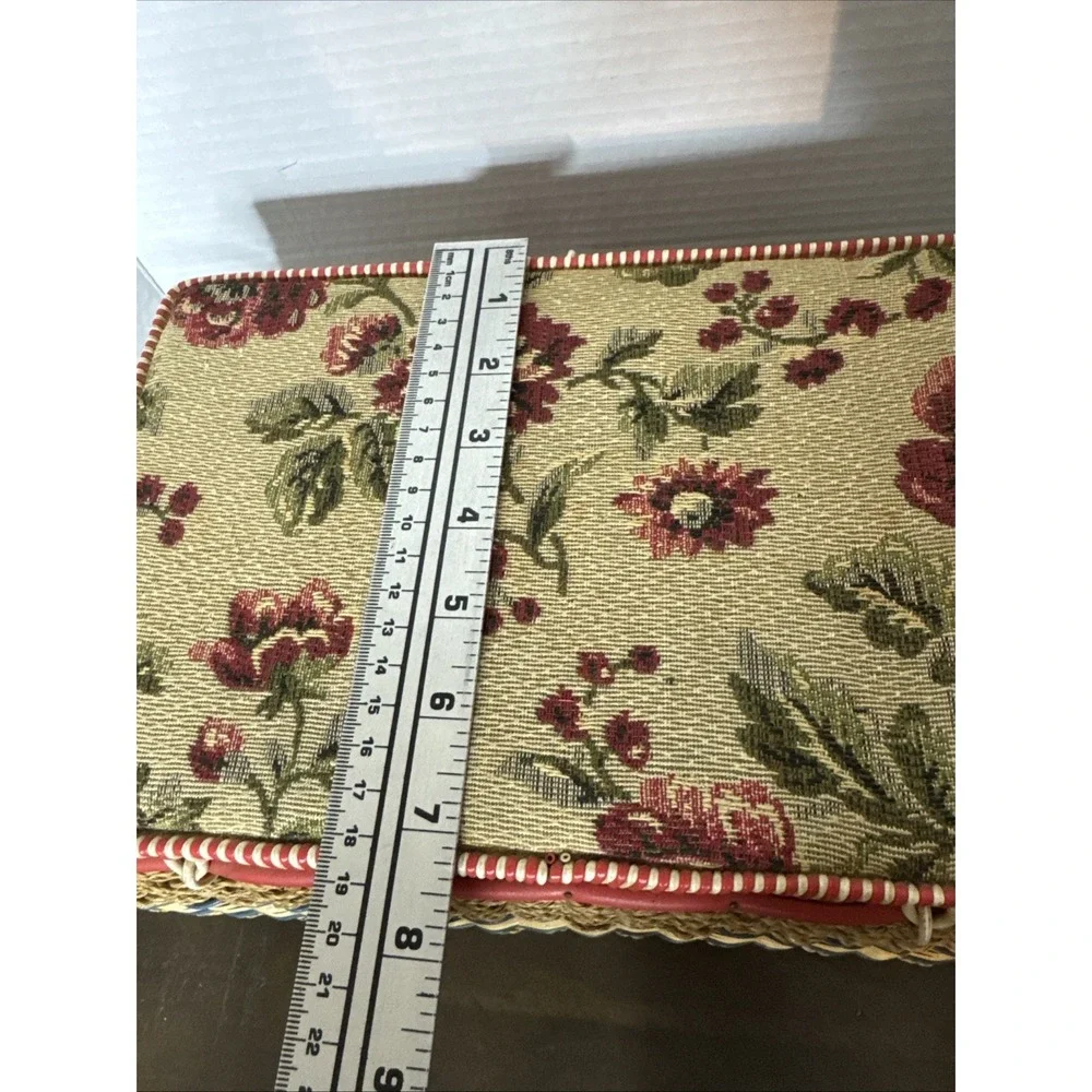 Vintage Woven Floral Sewing Basket Tray Tapestry 11